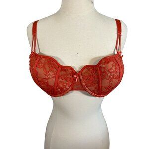 Adorn Me Bra Women 38D Red Lace Feminine Floral Sexy Intimates Romantic 80s